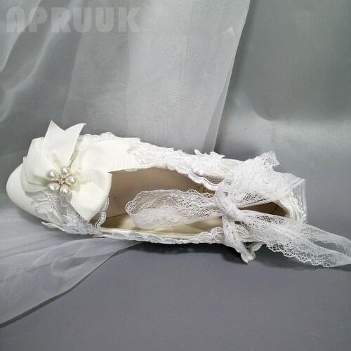 White lace ivory bow flats shoes for bridal womens handmade plus size 41 42 sexy lace up ankle straps bridal flats shoe