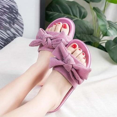 1PR Glitter Pink Women Slippers Brand Designer Lady Bling Sandals Silk Butterfly-knot Bow Flat Beach Slides Shoes