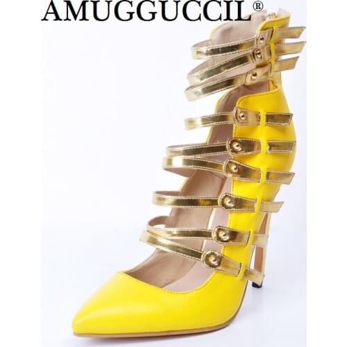 Customize Plus Big Size 34-47 Yellow Multi Buckle Zip Fashion Sexy High Heel Spring Summer Female Lady Shoes Women Pumps D1177