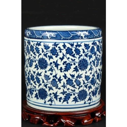 Chinese antique blue and white handmade ceramic pen container for study