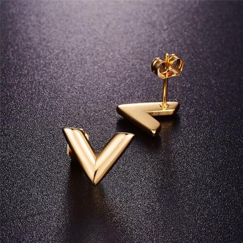 Titanium Steel Classic V High Polish Women Stud Earrings /Fashion Rose gold color ,Unisex Cheap Stud Earrings,free shipping