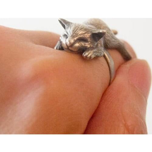 Wholesale Unique Handmade Retro Sleeping Cat Ring Cute Pet Ring Girl Gift Jewelry--12pcs/Lot