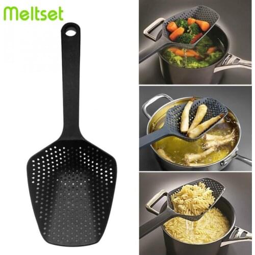 Eco-friendly Kitchen Strainer Scoop Nylon Cooking Shovels Vegetable Strainer Lang Handle Kitchen Colander for Spaghetti Spatula