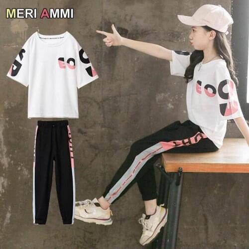 MERI AMMI 2pcs Children Girl Clothing Outfit Tee + Sporty Pants For 4-13 Year Student Girl