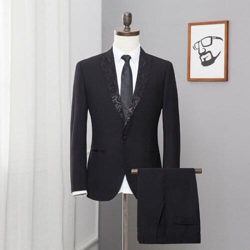 Mens Wedding Suits 2 Pieces Black One Button Printed Collar Designs Elegant Slim Fit Formal Suits For Banquet Coat+Pant