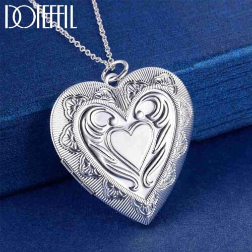 DOTEFFIL 925 Sterling Silver Heart-Shaped Photo Frame Necklace For Women Fashion Wedding Party Charm Jewelry