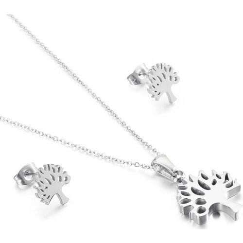 Fashion Women Silver Color Gold Stainless Steel Round Plant Pendant Necklace Sets Jewelry