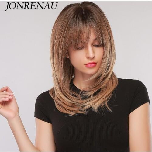 Jonrenau 23 Inch Long Natural Wavy Blonde Brown Wig With Bangs For Black White Women Synthetic Hair Wigs Heat Resistant Fibre