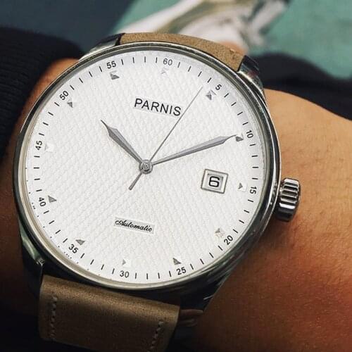 Parnis 43mm Automatic Mechanical Mens Watch Luxury Brand Business Casual Leather Strap Calendar Clock Wristwatch Men