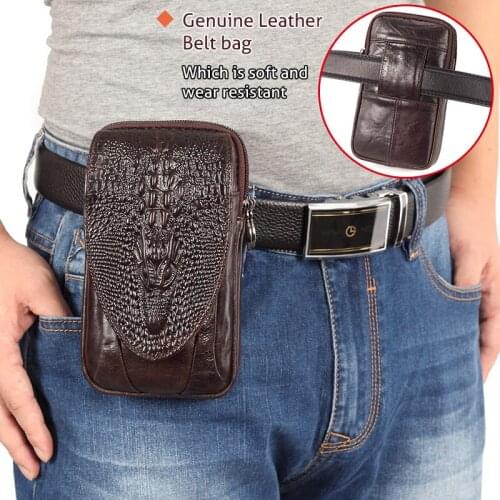 YIANG Men Genuine Leather Real Crocodile Grain Cell/Mobile Phone Cover Case Pocket Hip Belt Bum Fanny Pack Waist Bag Father Gift