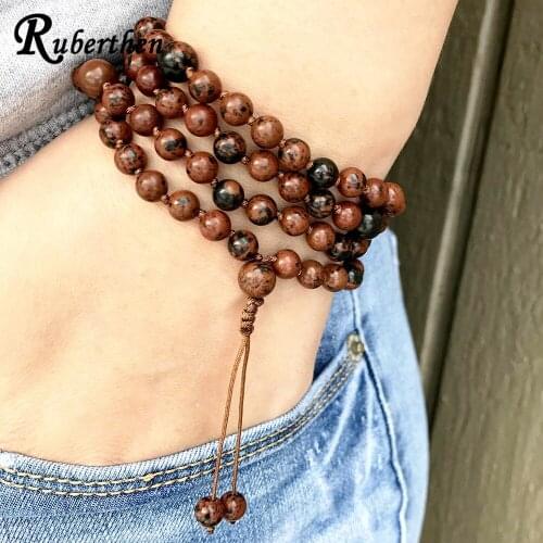 Ruberthen Natural 6 mm Mahogany Obsidian Meditation Prayer Bracelet Women`s High Qaulity Adjustable Knotted 108 Mala Necklace
