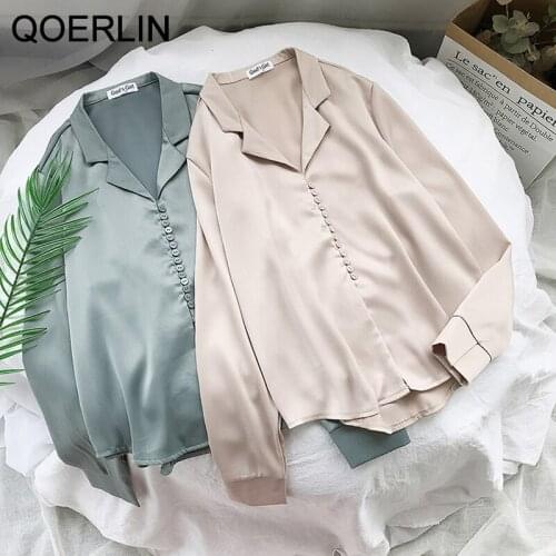 QOERLIN Womens Satin Chiffon Blouses and Shirts Plus Size Tops Fashion Korean Elegant Shirts Sleeve Office Ladies V Neck Blusa