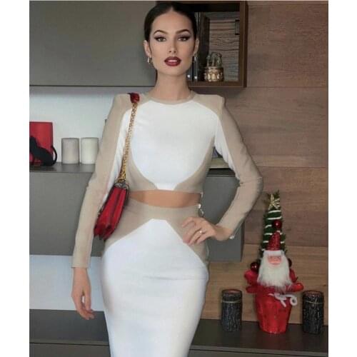 Women Winter Style Sexy Patchwork Long Sleeve Two Pieces White Bandage Set 2021 Celebrity Designer Fashion Womens Set