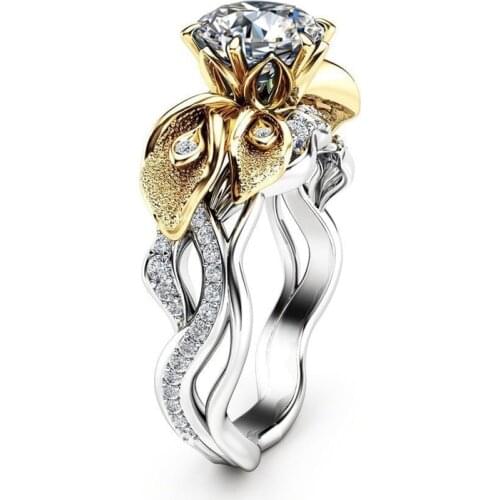 Two-color Flower Zircon Wedding Ring for Women Two-tone Gold Plating Micro-inlay Drill Simulation Jewelry Ring Engagement Ring