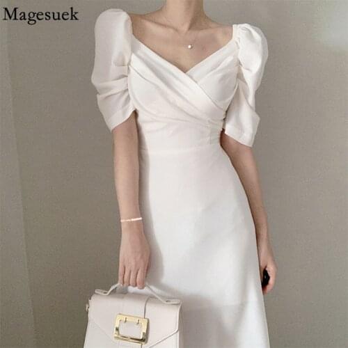 Elegant Summer Dress V-neck Short Puff Sleeve Korean Chiffon Dress Women French Style High Waist White Midi Long Dresses 13703