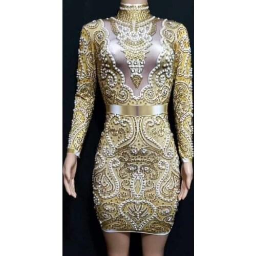 Gold/Gray Sexy Prom Dress Short 2020 Full Beads Long Sleeves See Through Mini Formal Party Evening Gowns Robe De Soiree