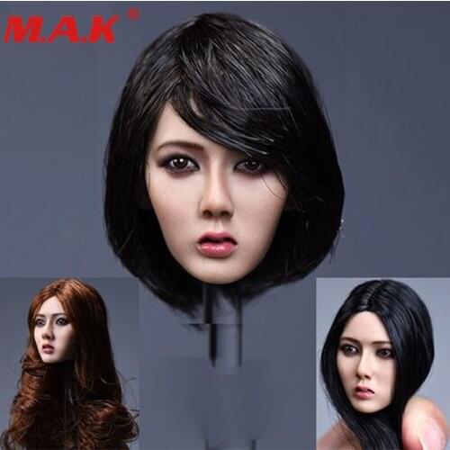 1:6 scale Asia female short black hair head sculpt long hair Xiu girl head model f 12" HT lady suntan color action figure doll