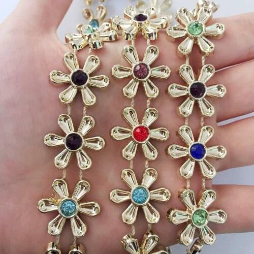 1 Yard Gold bottom flower mix rhinestone Chain Sewing Lace Trims Crafts Wedding