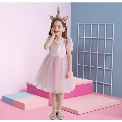 2021 Summer Girls Short Sleeve Dress Sequined Princess Dress For Girls Formal Party Gown Frocks Tulle Dresses Rainbow Color