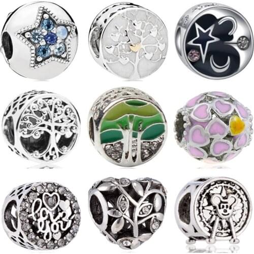 Btuamb New Fashion Crystal Enamel Star Tree Moon Hat Tree Butterfly Charms Beads Fit Pandora Bracelets for Women Making Jewelry