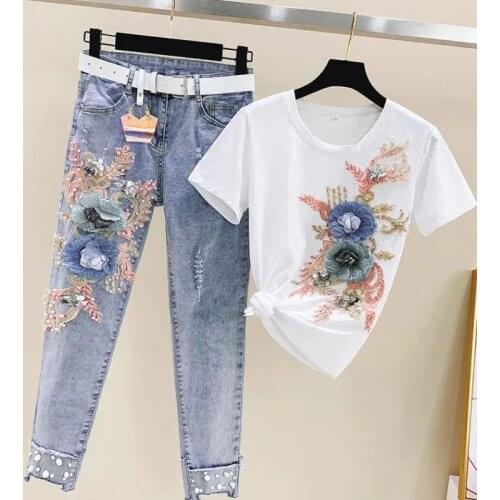 One-Piece/Set 2021 Summer New Women Denim Pants Beaded Embroidery Short-Sleeved + Small Feet Hole Jeans Female Two-Piece Suit425