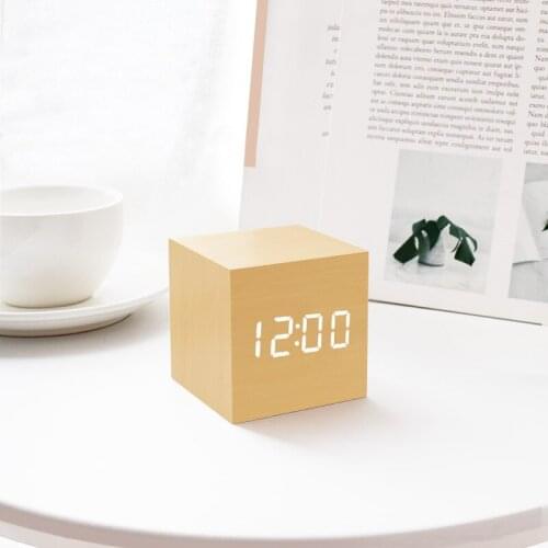 Cube LED Digital Voice Control Alarm Clock Desk Glow Desktop Beside Wooden Clock w/ Temperature Table Watch Home Decor USB/AAA