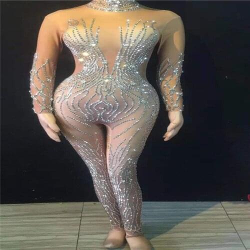 D84 Female pole dance wears stage costumes model dress bodysuit Rhinestone jumpsuit sexy outfits bar perform clothe crystals dj