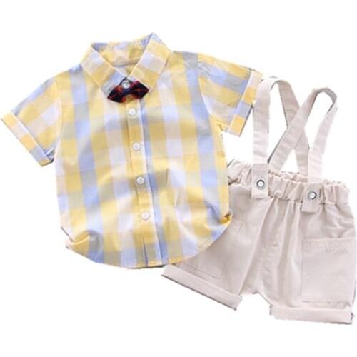 Children Cotton Baby Boys Clothes Summer Gentleman Lattice T Shirts Bib Shorts 2Pcs/sets Infant Kids Fashion Toddler Tracksuits