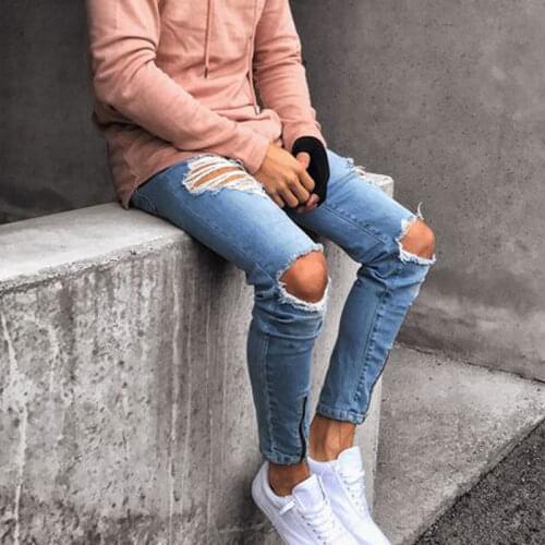 Cycling jeans 2019 New Hole Slim Solid Color Worn Mens trousers Mens Fashion Street Light feet pants More Size S-XXXL 3XL