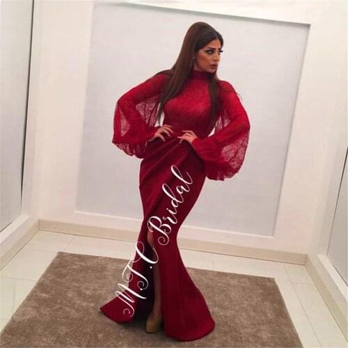 Elegant Long Sleeve Arabic Evening Dress High Neck Side Slit Mermaid Lace Prom Gowns 2019 Hot Selling Women Party Dresses