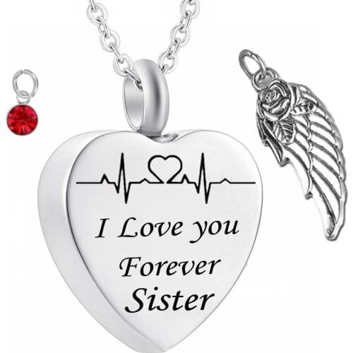 I love you forever sister Birthstone heart Pendant Memorial Ashes Urn Necklace Angel Wing Stainless Steel Cremation Jewelry