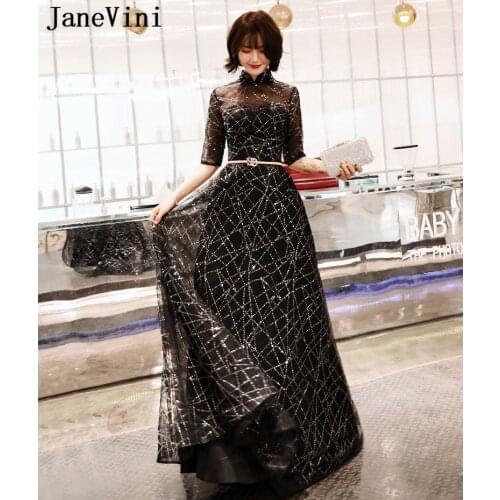 JaneVini 2019 Sparkle Sequined Long Prom Dresses Black A Line Formal Evening Dress with Half Sleeves High Neck Tulle Party Gowns