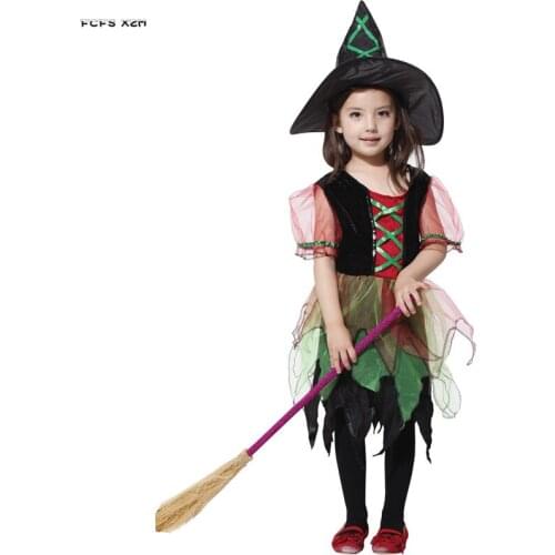 M-XL Cap and dress Girls Sorceress Cosplay Kids Children Halloween Witch Costume Carnival Purim Stage show Role play party dress
