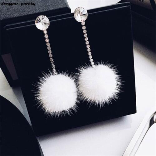 New Winter Fashion Jewelry Winter Earrings Cute Gift Rhinestones White Fur Ball Long Earrings For Women Jewelry Accessories