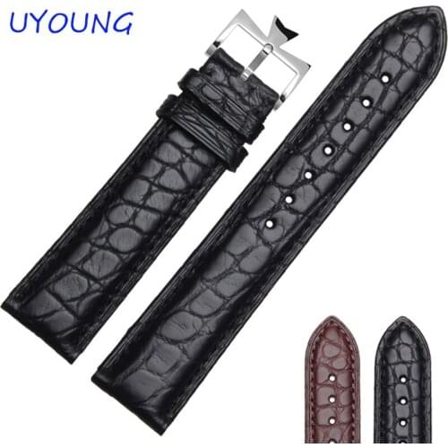 UYOUNG Watchband Deluxe alligator Leather Mens Watchband 18mm 19mm 20mm 21mm 22mm Black Strap buckle with