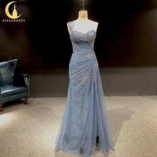 Rhine Real Big Long Sleeves Champagne with Dark Blue Beads Full Luxuriou Evening Dress Long Formal Dresses вечернее платье 2021