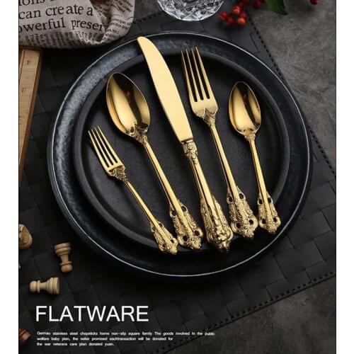 Vintage Western Gold Plated Cutlery Dining Knives Forks Teaspoons Set Golden Luxury Dinnerware Engraving Tableware Set