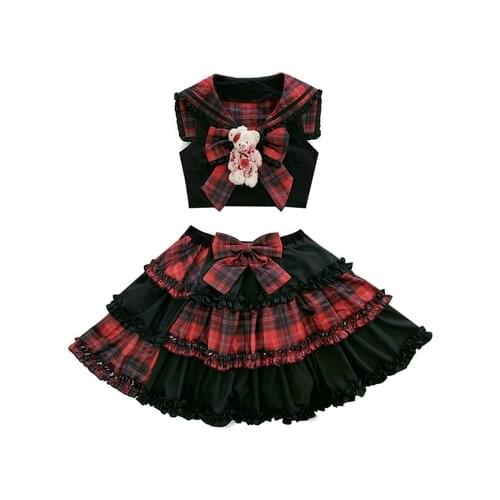Japanese Harajuku Girls Black Pink Plaid Pleated Skirt Punk Sweet Fashion Kawaii Lolita Cake Mini Skirts Cosplay Suit New