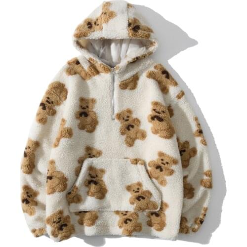 Streetwear Lambswool Jacket Men Bear Print Half Zipper Cardigan Coats Harajuku Hooded Couple Coat Outwear Unisex Pullover Winter