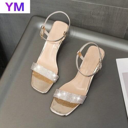 Gold New Summer Crystal Ins Tide Shoes Word Buckle Sandals Female Sequins Thick with Fairy Wind High Heels Wild Casual 2021
