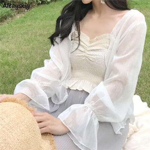 Shirts Women Elegant Solid Sweet Girls Holiday Female Sun-proof Clothing Korean Style Summer New Chic Casual Simple Basic Tops