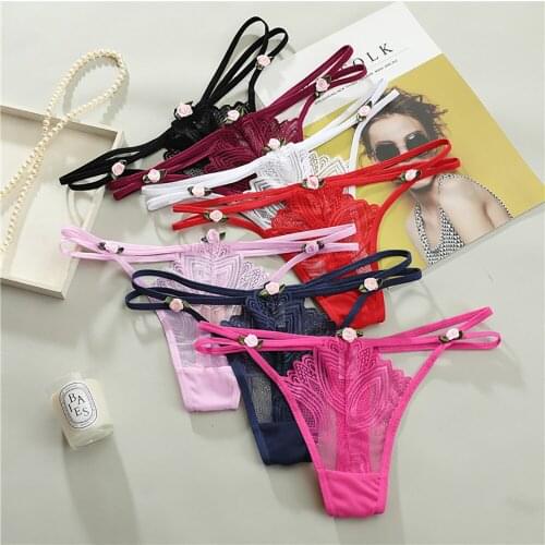 Sexy Cross belt Lady Lace Lingerie Flowers Panties Low Waist G-String Transparent T-Back Briefs Women Charming Thongs Underwear