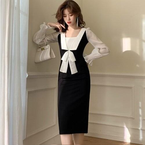 S-XL Plus Size Contrast Flare Sleeve Office Work Dress Women Long Sleeve Midi Black Dresses Ladies Casual Dress Summer 2020