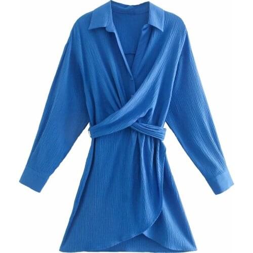 New Women Vogue Shirt Dress with Belt V-neck Elegant Long Sleeves Chic Lady Casual Wrap Mini Short Dresses Woman Robe