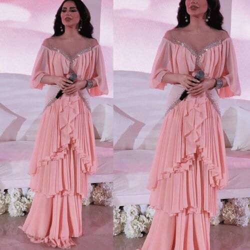 Vestidos De Festa Dubai Muslim Prom Dresses Long Pink Beaded Chiffon Tiered Prom Gown Robe De Soiree