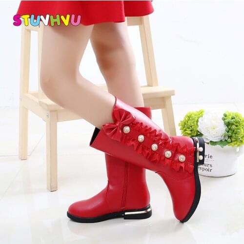 Winter Girls Boots Leather Children High Boots Plus Velvet Warm Kids Shoes 2020 New Fashion Bow Pearl Girls Princess Boots 27-37