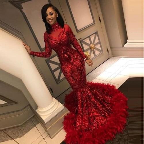 Burgundy South African Evening Dresses Mermaid Long Sleeves Appliques Feather Nigeria Saudi Arabic Evening Gown Prom Dresses
