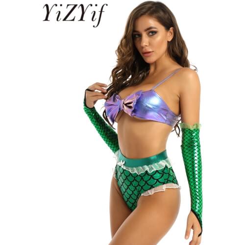 Womens Mermaid Costumes Bra Tops Adjustable Strap Shiny Metallic Mermaid Fish Scale Print Short Bra Top with A Pair of Sleeves