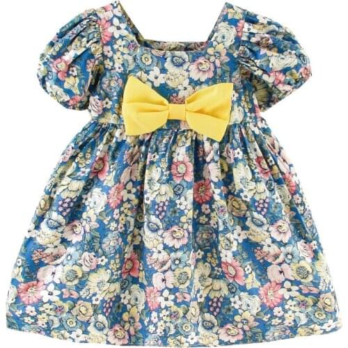 Kids Puff Sleeve Dresses Baby Girls 2021 Summer New Fashion Sweet Bowknot Short Sleeve Dress Children Baby Princess Dress 0-4y
