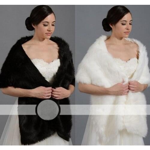 Black White Ivory Fake Fur Wrap Long Shawl Bridal Bolero Wedding Shrug Evening Dress Coat Jacket Warm